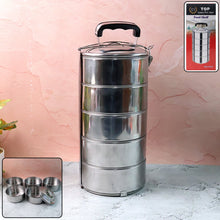 5 Compartment Lunch Box (Stainless Steel): Round Tiffin, Leakproof (16x5